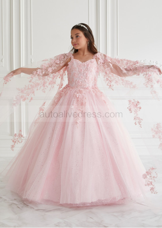 Cape Sleeves Pink 3D Flowers Lace Tulle Sparkly Flower Girl Dress Cape Sleeves Pink 3D Flowers Lace Tulle Sparkly Flower Girl Dress
